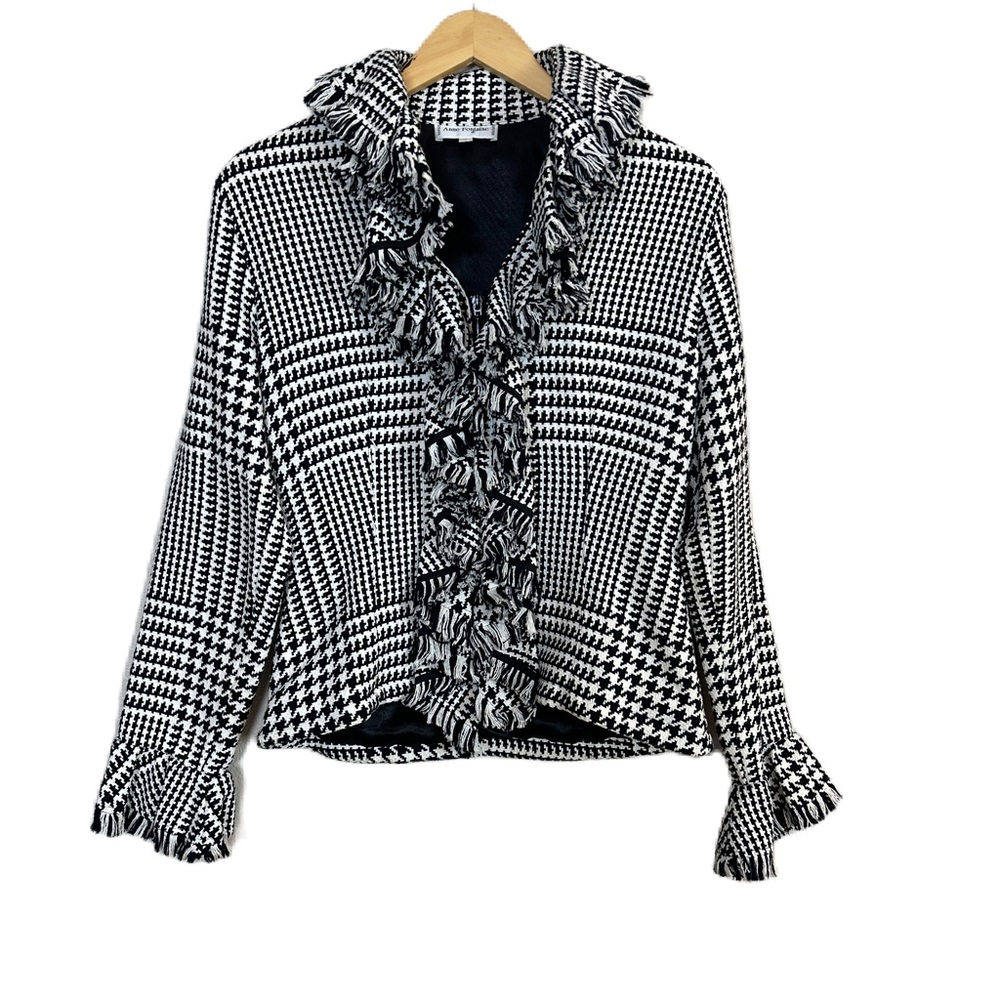 Anne Fontaine Olivia Ruffle Houndstooth Black White Designer Jacket Women’s Sz 2